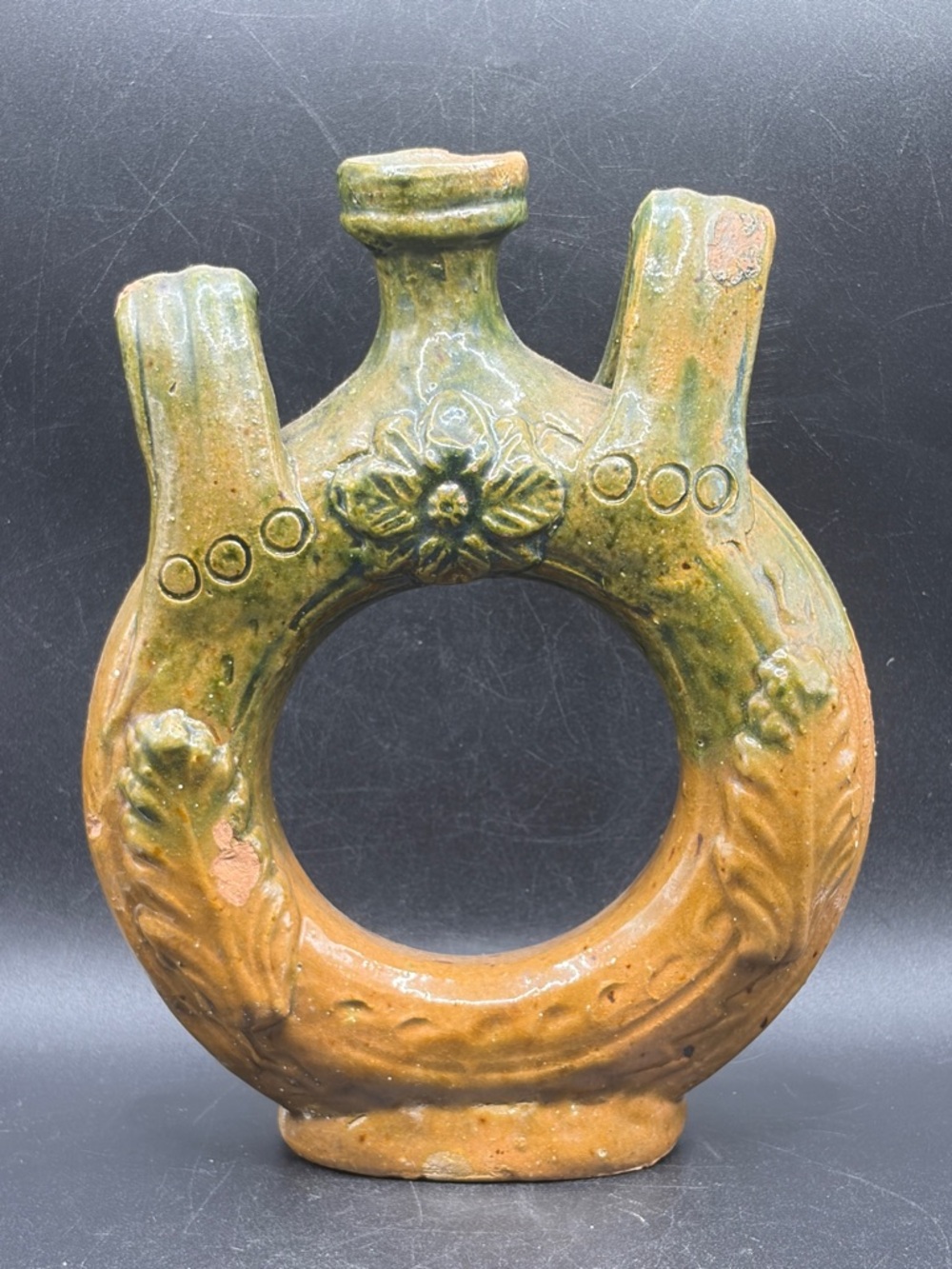 Vintage Handmade Folk Art Pottery Ring Jug Flask Bottle Floral Foliage Motif